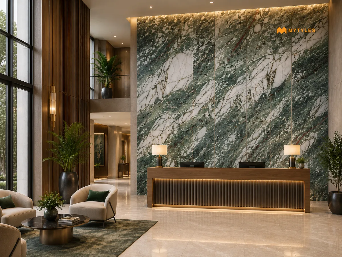 Vitrified Green Marble Look Wall Tile Hotel Lobby